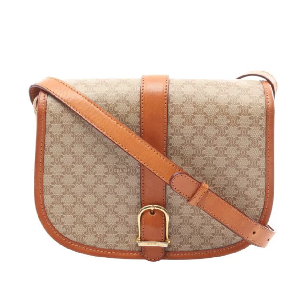 Celine Macadam Shoulder Bag Canvas Leather Beige Cream Brown